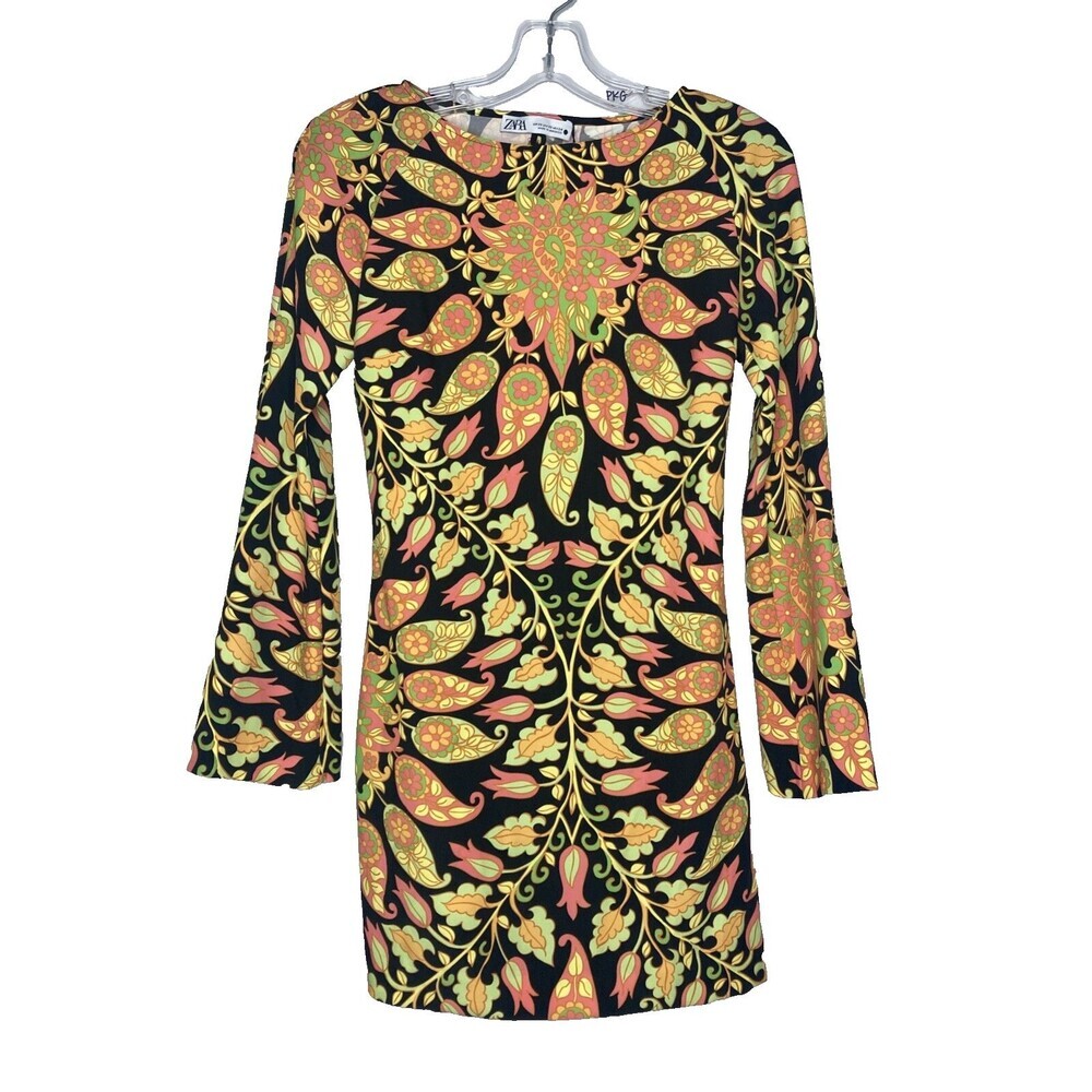 ZARA dress Women XS Back Cutout Mini Bell‎ Sleeve Black Neon Pattern Vines
